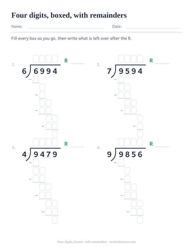 Long division worksheet with four-digit dividends, working boxes and a remainder line