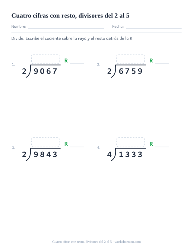 Ficha de división larga con dividendos de cuatro cifras, divisores del 2 al 5 y resto