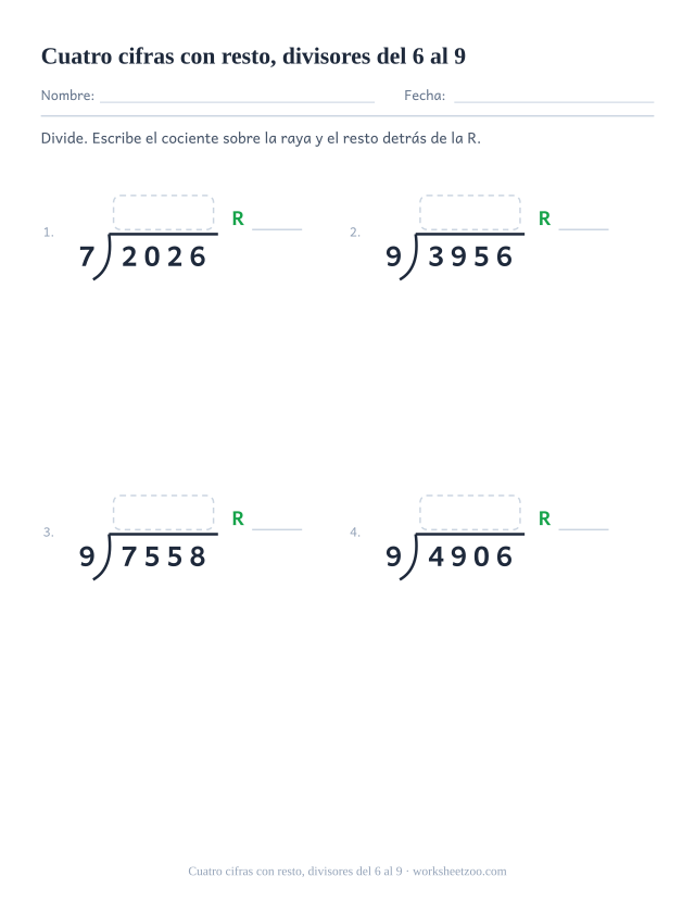 Ficha de división larga de cuatro cifras entre 6 y 9 con resto