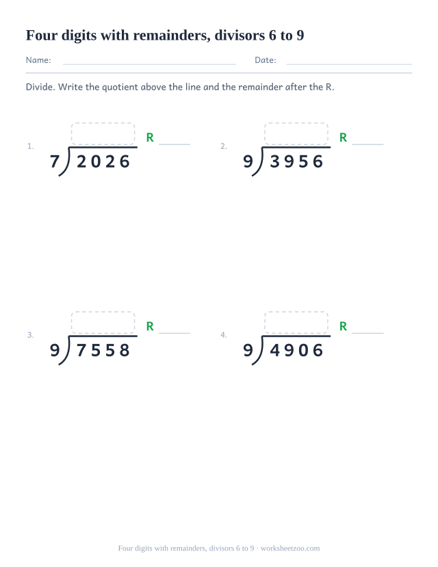 Long division worksheet dividing four-digit numbers by six to nine leaving remainders