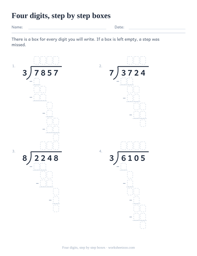 Long division worksheet with four-digit dividends and a dashed box for each working digit