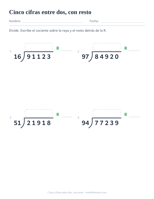 Ficha de división larga con dividendos de cinco cifras, divisores de dos cifras y resto