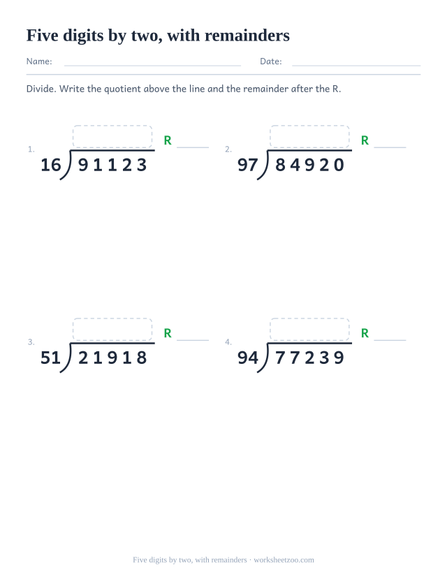 Long division worksheet with five-digit dividends, two-digit divisors and remainders