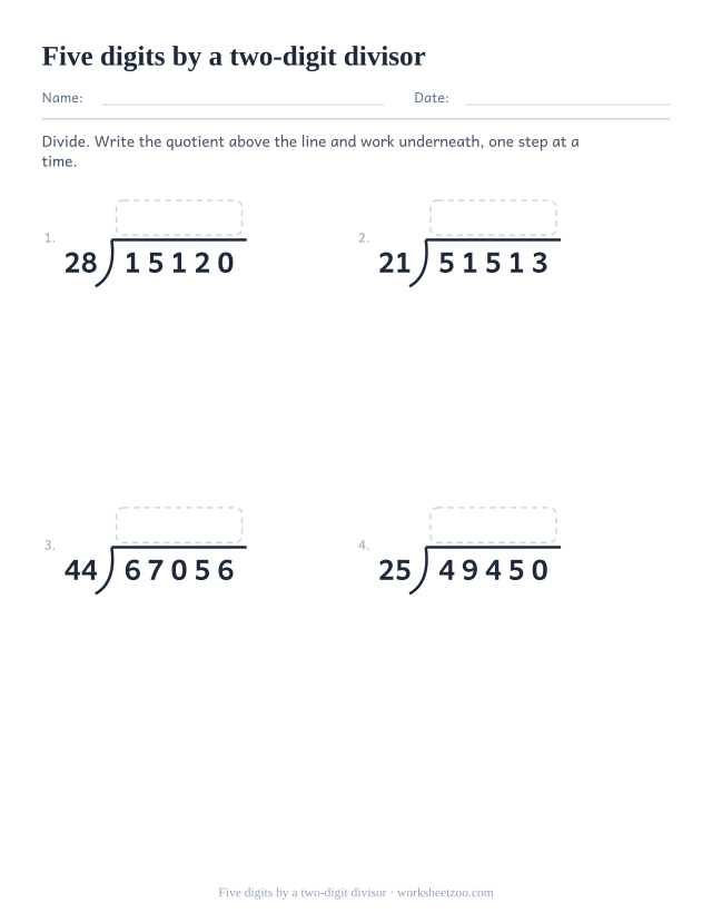 Long division worksheet dividing five-digit numbers by two-digit divisors