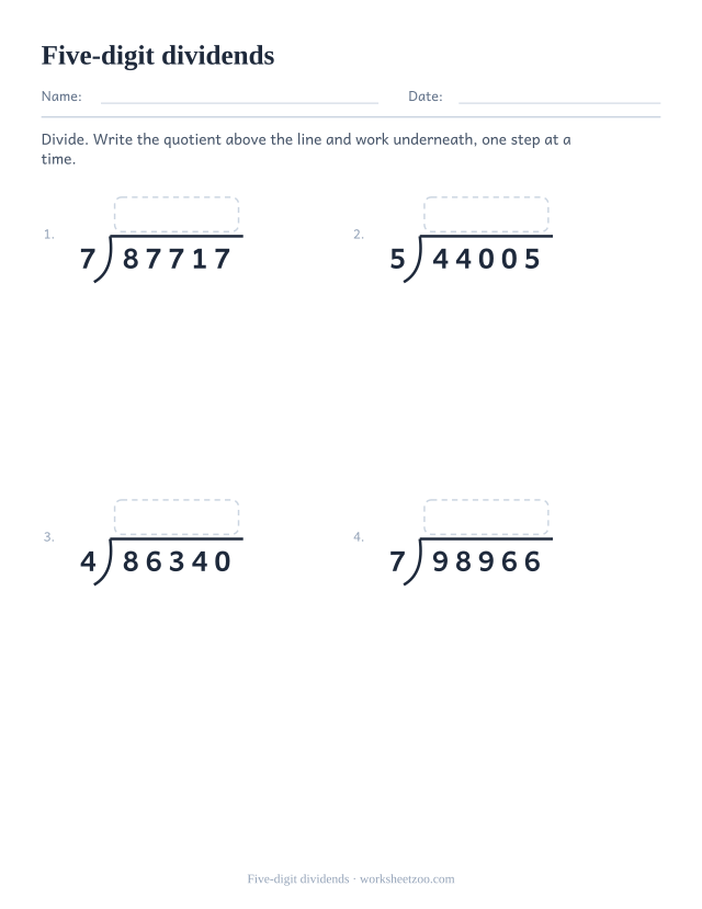 Long division worksheet with five-digit dividends divided by a single-digit divisor