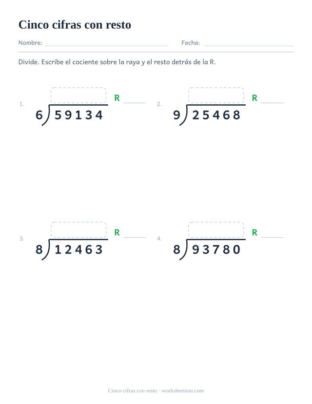 Ficha de división larga con dividendos de cinco cifras y resto en cada problema