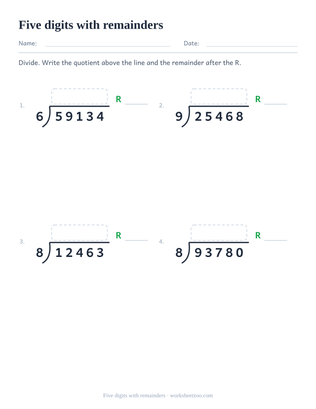 Long division worksheet with five-digit dividends and a remainder on every problem