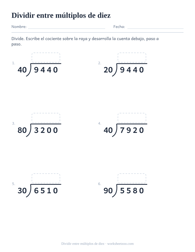 Ficha de división larga de cuatro cifras entre 10, 20, 30 y otros múltiplos de diez