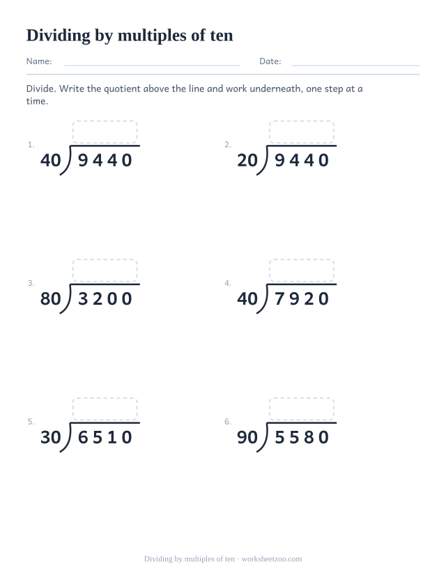 Long division worksheet dividing four-digit numbers by ten, twenty, thirty and other multiples of ten