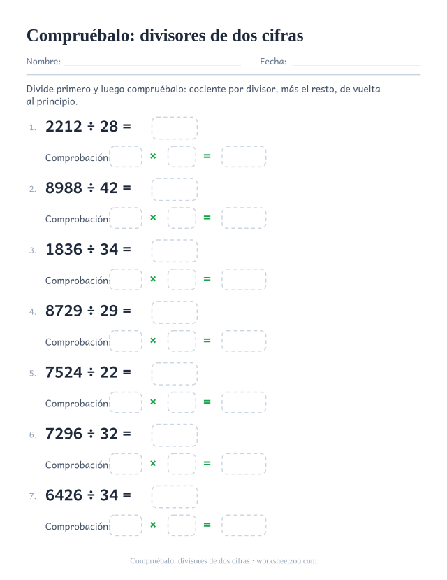 Ficha de división larga que comprueba divisiones exactas con divisores de dos cifras multiplicando al revés