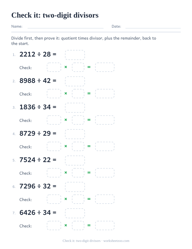 Long division worksheet checking exact divisions with two-digit divisors by multiplying back