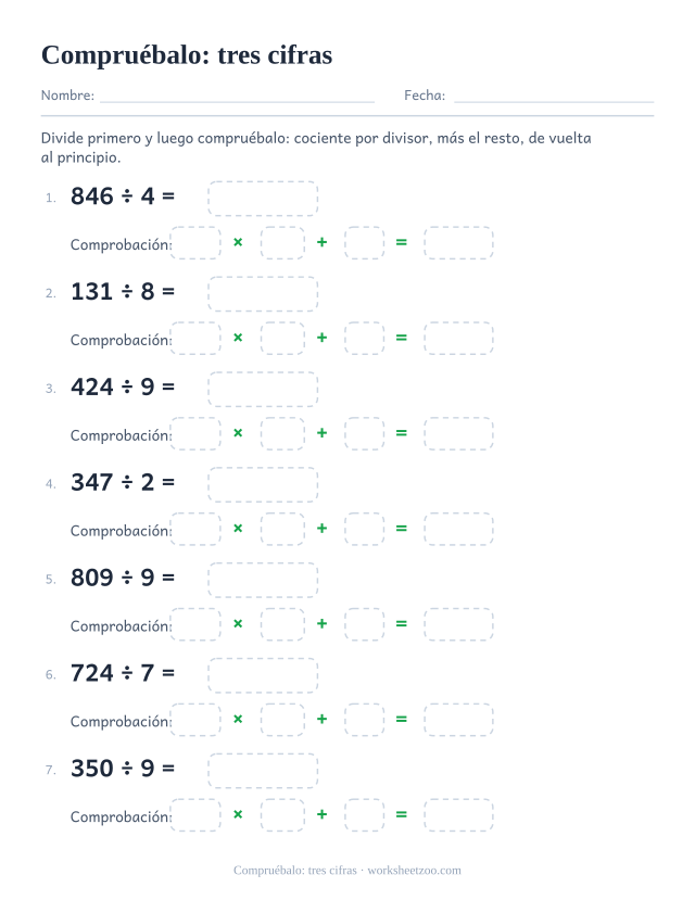 Ficha de división larga en la que cada resultado se comprueba multiplicando el cociente por el divisor y sumando el resto