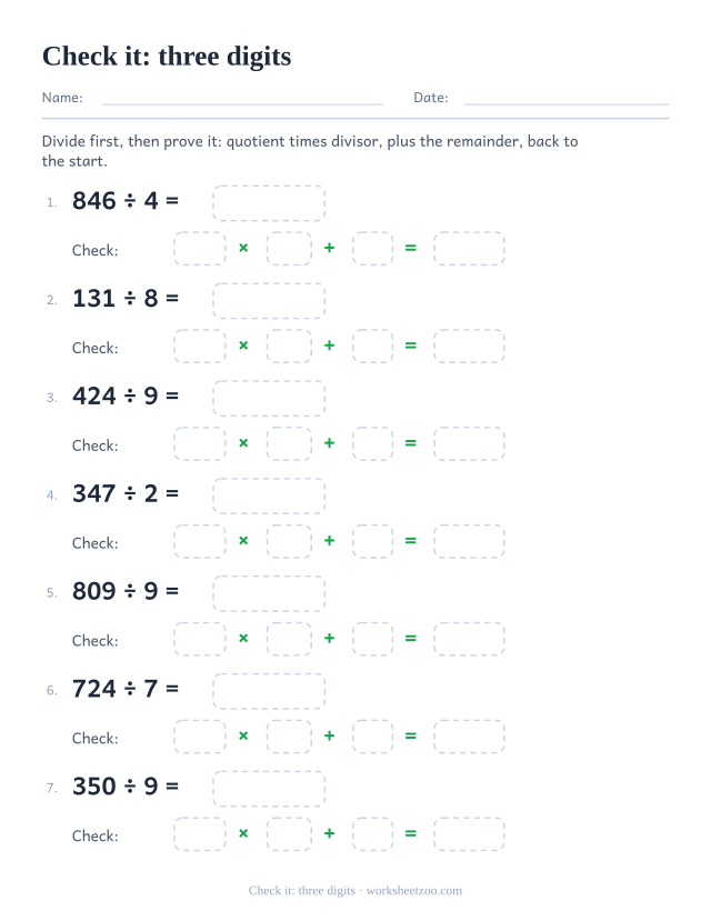 Long division worksheet where each answer is checked by multiplying the quotient by the divisor and adding the remainder