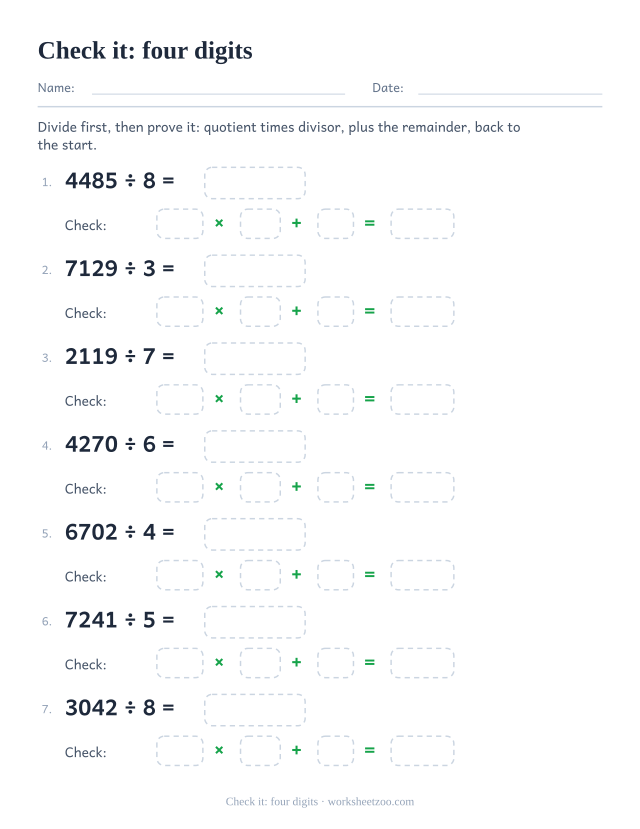 Long division worksheet checking four-digit divisions by multiplying back and adding the remainder