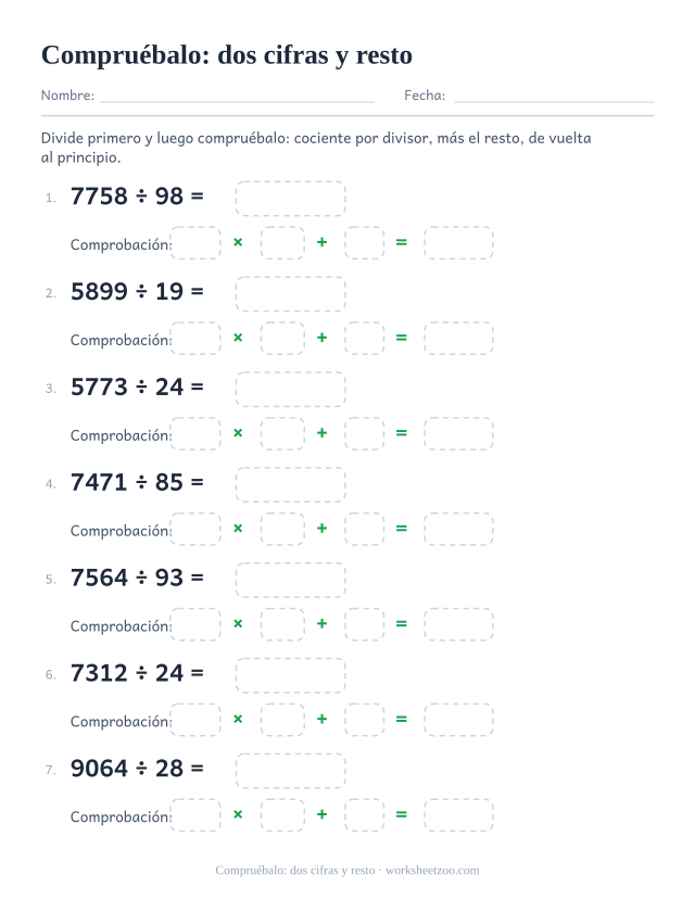 Ficha de división larga que comprueba resultados con divisor de dos cifras y resto