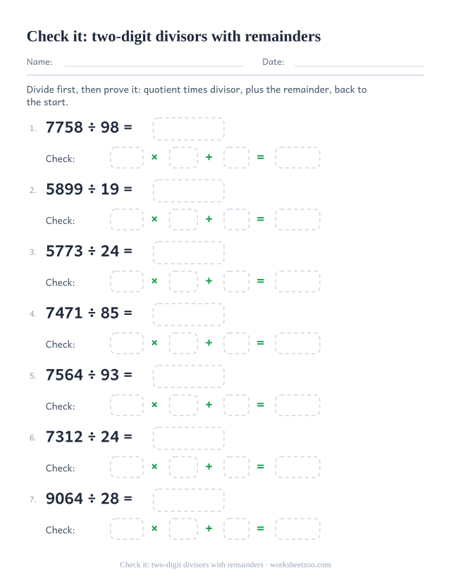 Long division worksheet checking two-digit divisor answers that carry a remainder