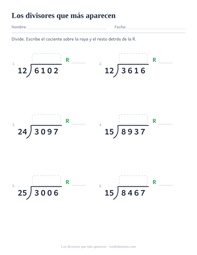 Ficha de división larga con 12, 15, 24, 25, 32 y 45 como divisores