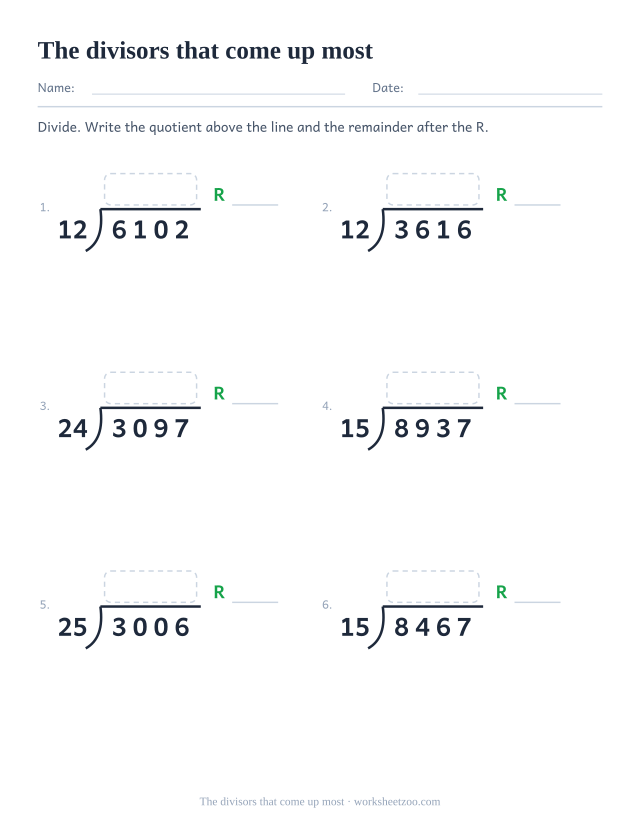 Long division worksheet using twelve, fifteen, twenty four, twenty five, thirty two and forty five as divisors
