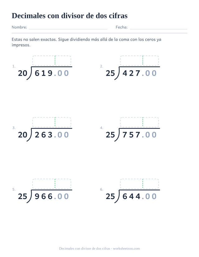 Ficha de división larga hasta dos decimales con divisores 20 y 25