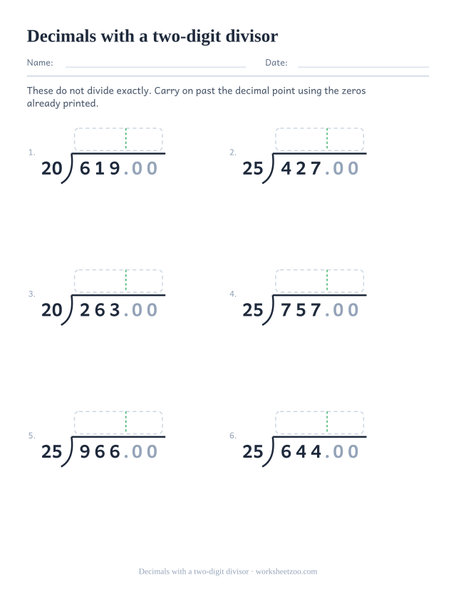 Long division worksheet dividing to two decimal places by twenty and twenty five