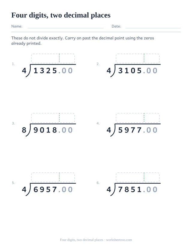 Long division worksheet with four-digit dividends taken to two decimal places