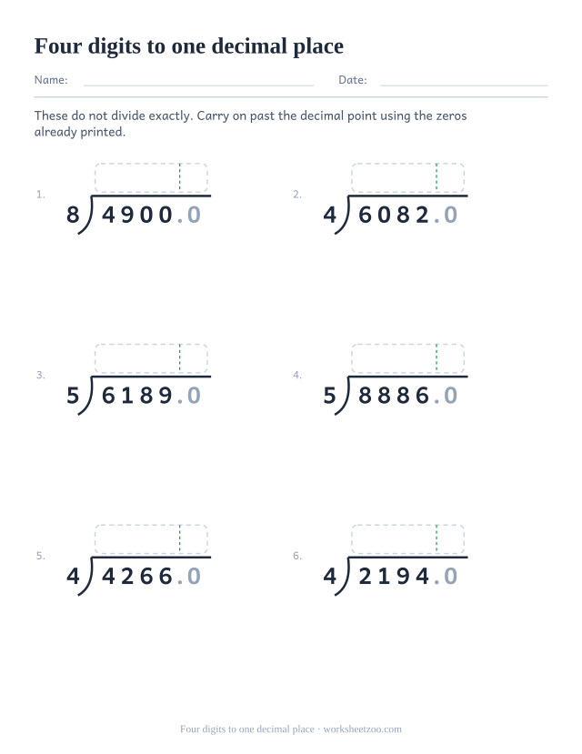 Long division worksheet with four-digit dividends divided to one decimal place