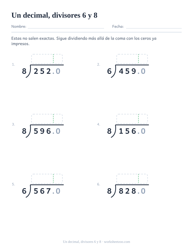 Ficha de división larga hasta un decimal con divisores 6 y 8