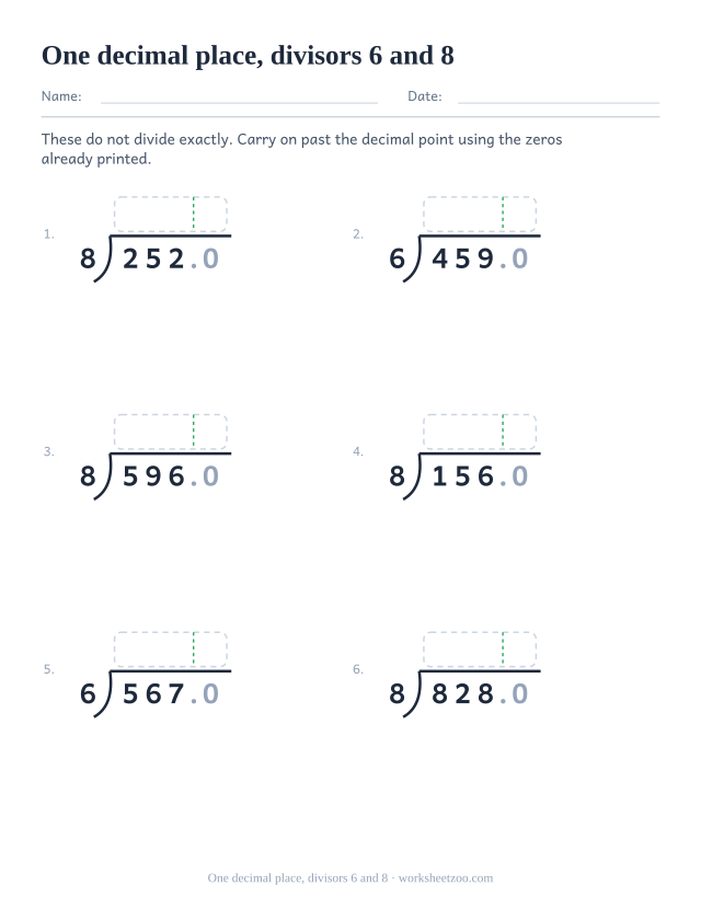 Long division worksheet dividing to one decimal place by six and eight
