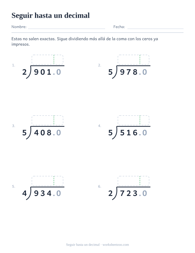 Ficha de división larga que continúa más allá de la coma hasta un decimal