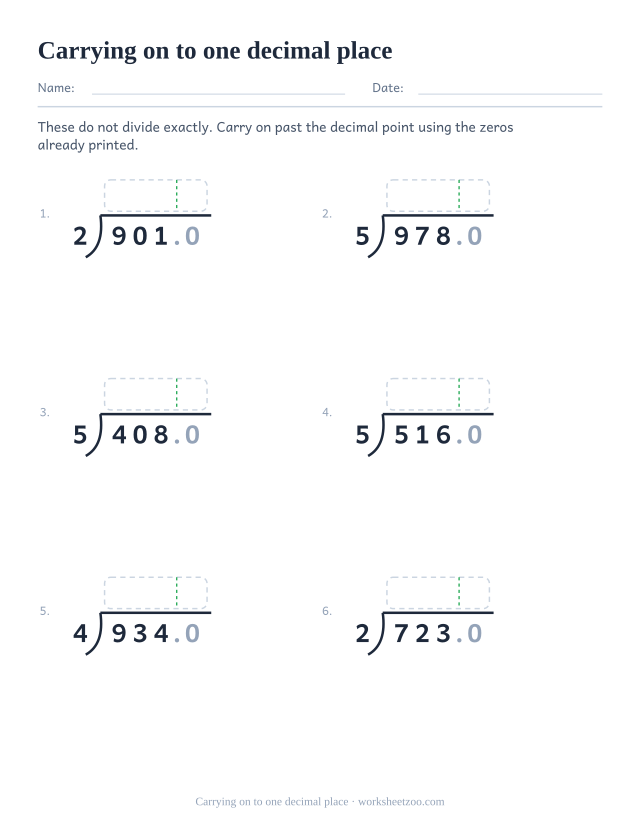 Long division worksheet continuing past the decimal point to one decimal place