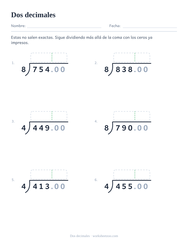 Ficha de división larga hasta dos decimales con divisores 4 y 8