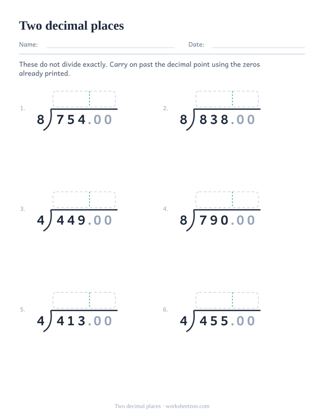 Long division worksheet dividing to two decimal places by four and eight