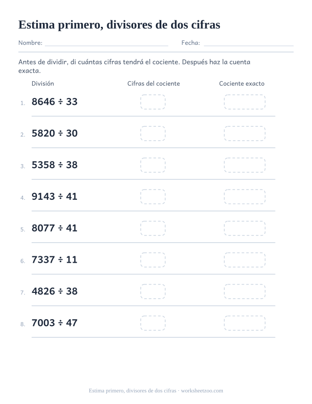 Ficha de división larga que estima la longitud del cociente con divisores de dos cifras antes de dividir