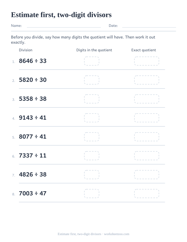 Long division worksheet estimating the quotient length for two-digit divisors before dividing exactly