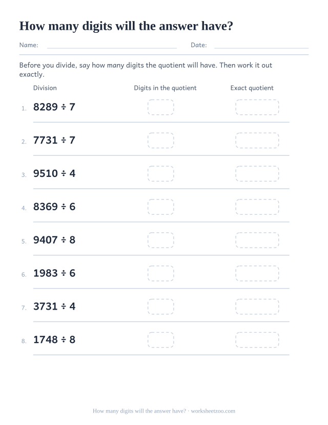 Long division worksheet asking for the number of digits in the quotient before dividing four-digit numbers