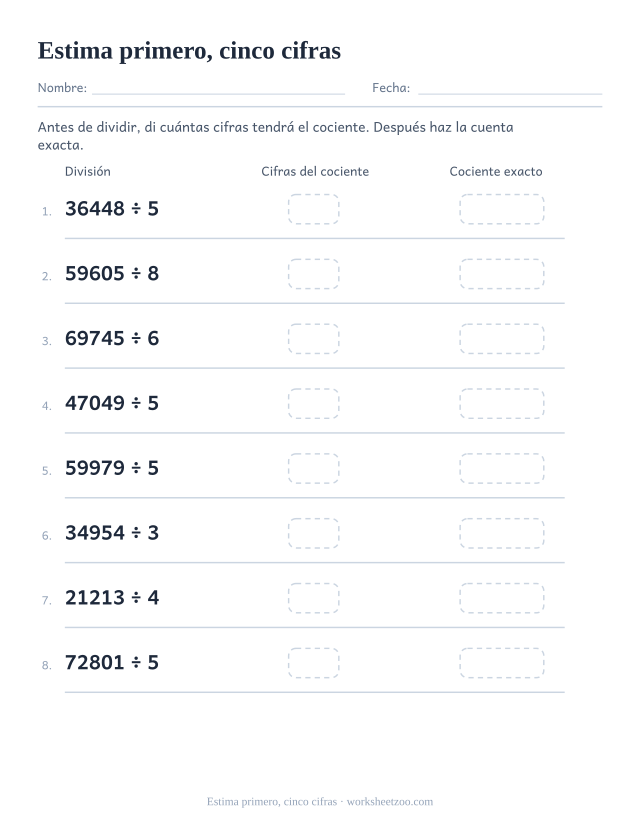Ficha de división larga que estima la longitud del cociente con dividendos de cinco cifras