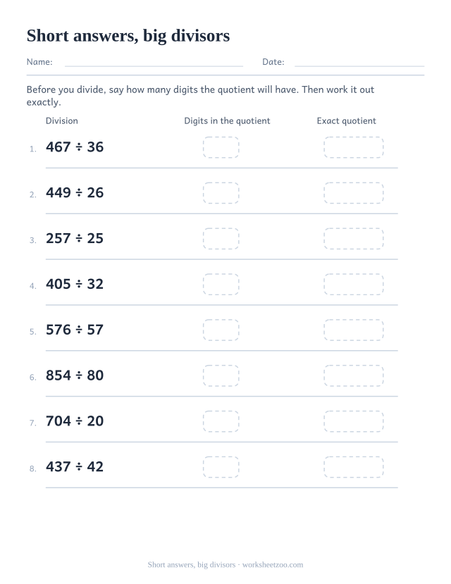 Long division worksheet with three-digit dividends and large divisors giving two-digit quotients