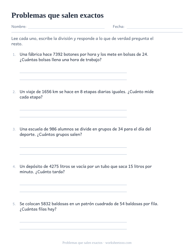 Ficha de problemas de división larga en la que todas las divisiones salen exactas, sin resto