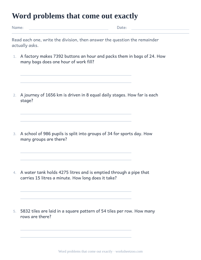 Long division word problems worksheet where every division comes out exactly with no remainder