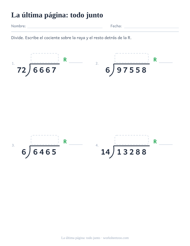 Ficha de reto de división larga que mezcla longitudes de dividendo, tamaños de divisor y resto