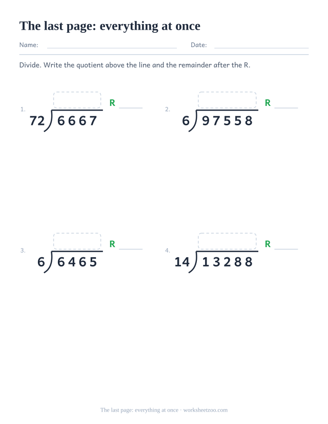Challenge long division worksheet mixing dividend lengths, divisor sizes and remainders