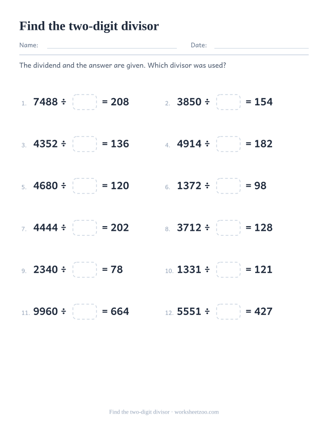 Long division worksheet where a two-digit divisor is missing from each division