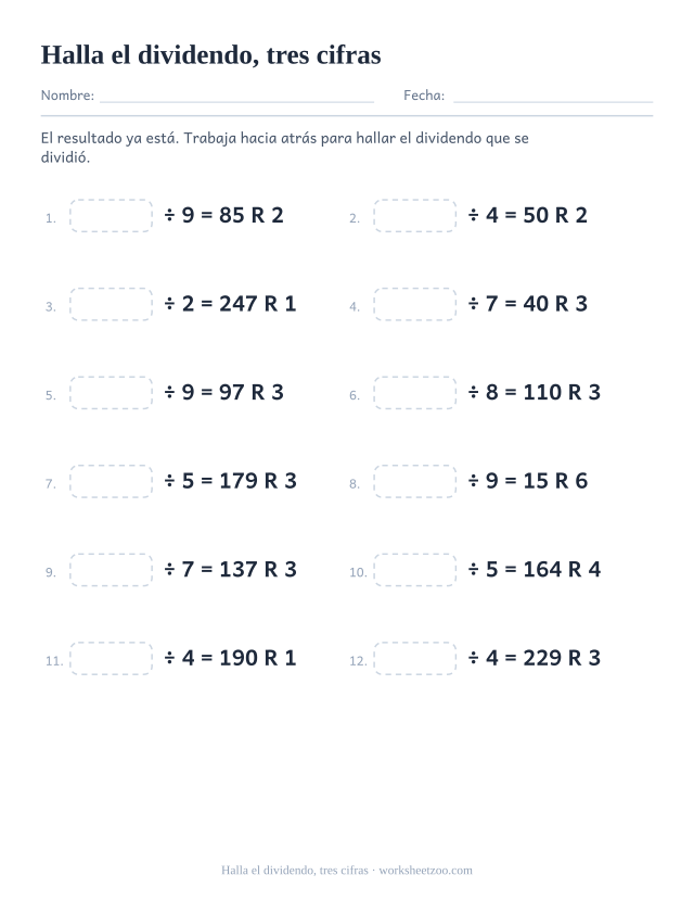 Ficha de división larga en la que falta el dividendo y se dan el cociente y el resto