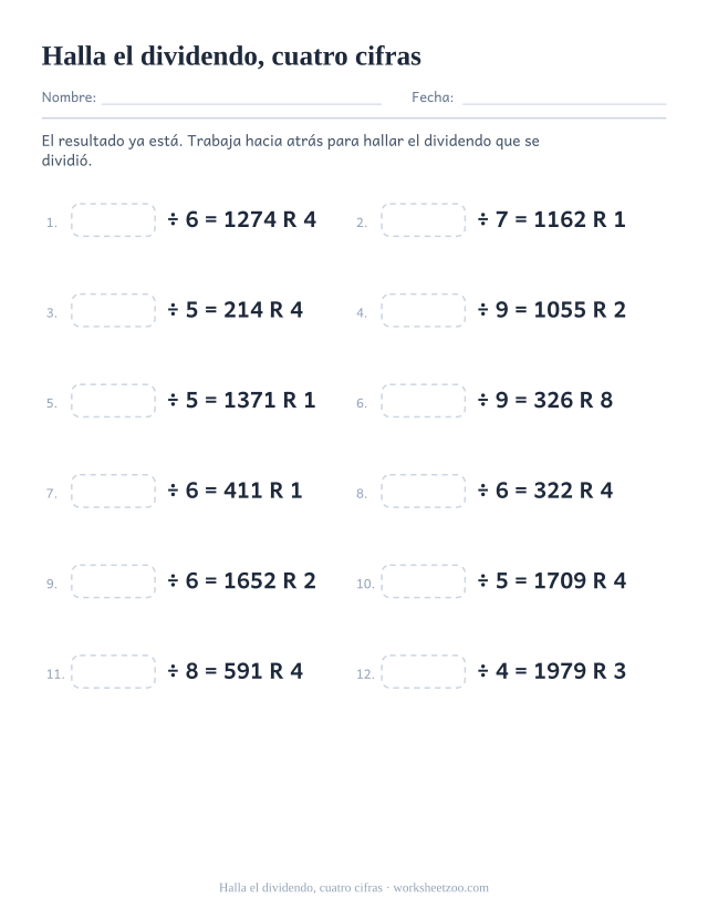 Ficha de división larga que reconstruye dividendos de cuatro cifras a partir del cociente y el resto
