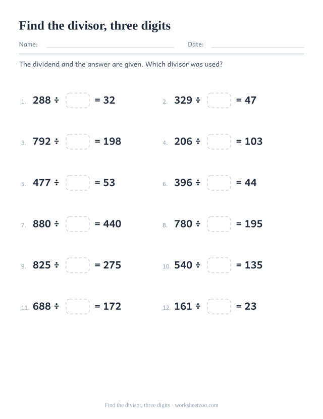 Long division worksheet where the divisor is missing from each exact division