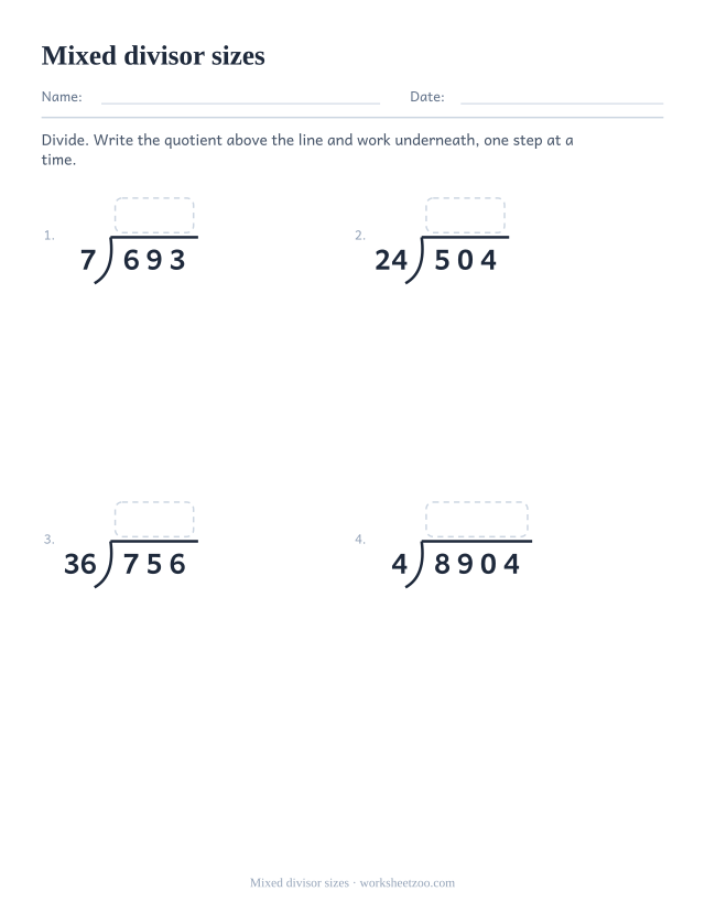 Long division worksheet mixing one-digit and two-digit divisors on the same page