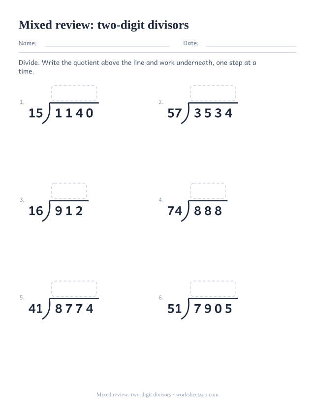 Mixed long division review worksheet with two-digit divisors across the whole range