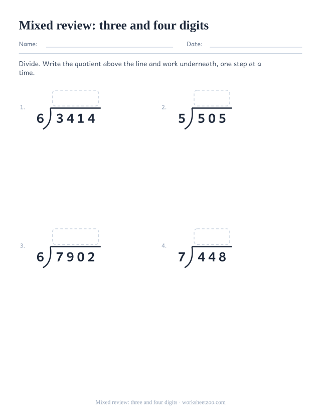 Mixed long division review worksheet with three and four digit dividends and single-digit divisors