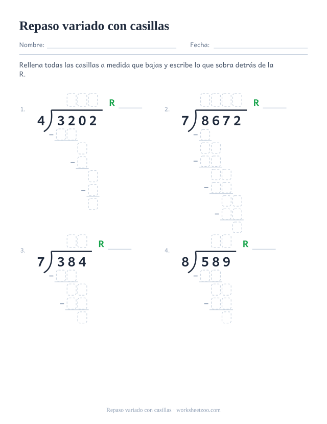 Ficha de repaso variado de división larga con casillas y resto