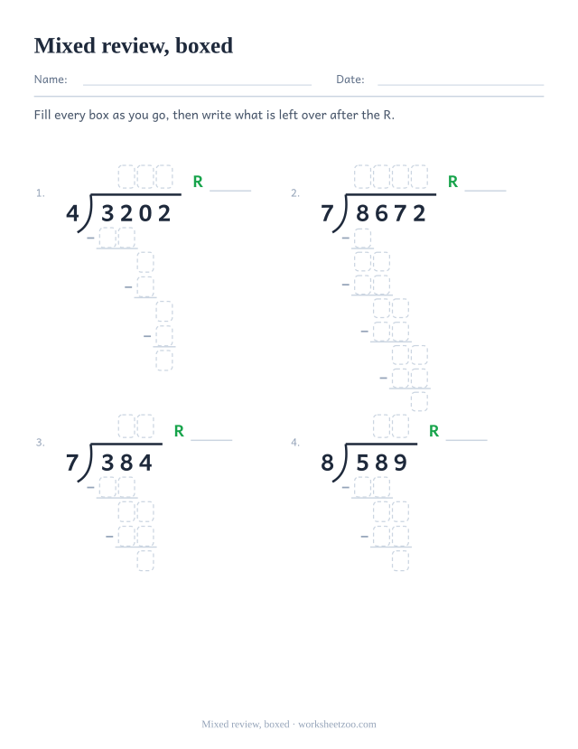 Boxed mixed long division review worksheet with remainders